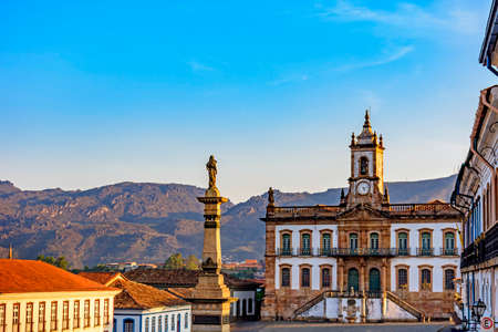 Ancient Ouro Preto central square with its historic buildings and monuments in 18th century Baroque and colonial architectureのeditorial素材