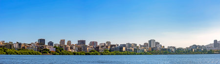 Panoramic image of the Leblon and Ipanema neighborhoods in Rio de Janeiro with their buildings seen from Rodrigo de Freitas Lagoonの写真素材