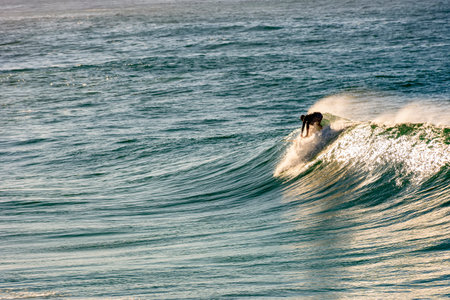 Surfer silhouette on Ipanema beach, Rio de Janeiro during the summer dawn.の写真素材