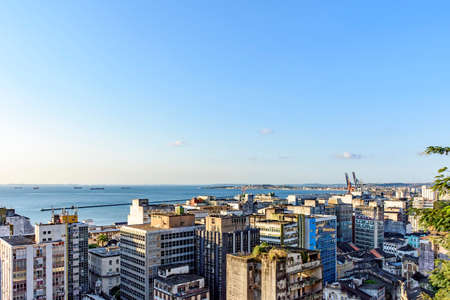 Buildings and port of the city of Salvador with the bay of All Saints in the background in Bahia state, Brazilの写真素材