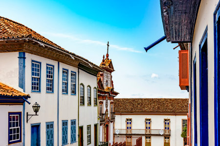 Old buildings and church in baroque and colonial style in the historic city of Diamantina in Minas Geraisの写真素材