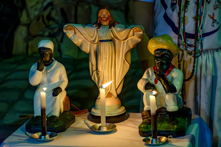 Religious altar with images representing the entities, deities and sicretism of Umbanda in Brazil