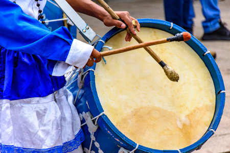 Blue wooden drum during religious festival on the streets of Brazilの写真素材