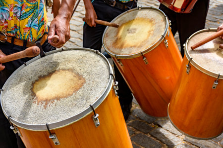 Drummers performing during a typical street party in Brazilの写真素材