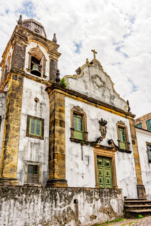 Aged historic church facade in the city of Olinda in the state of Pernambuco, northeastern Brazilの写真素材