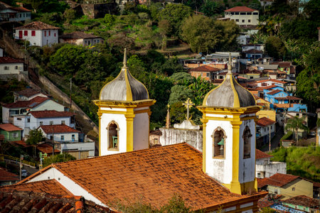 Tower of an old baroque church in the city of Ouro Preto in Minas Geraisの写真素材