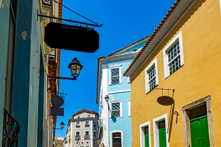 Old colonial style houses with bold colors in the historic Pelourinho neighborhood in the city of Salvadorの写真素材