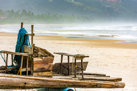 Primitive fishing boat used in northeastern Brazil called Jangada made with wooden trunksの写真素材