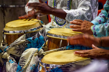 Decorated drums and atabaques during a religious festival of Umbanda in Brazil