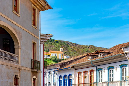 Cityscape of Ouro Preto with its historic houses facades and churchesの写真素材