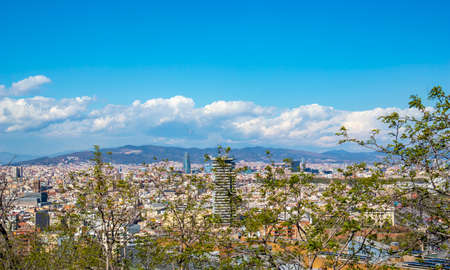 Skyline of Barcelona from Montjuic mountain overlooking the port and the city