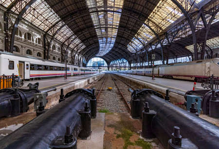 Trains on the platforms of a Barcelona station with a fantastic roofの写真素材