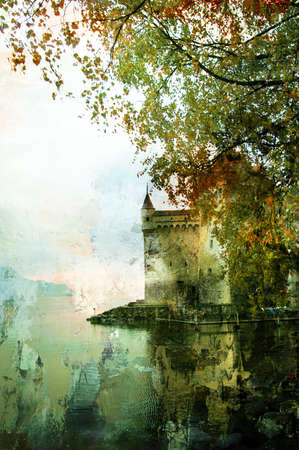 autumn castle - picture in painting styleの写真素材