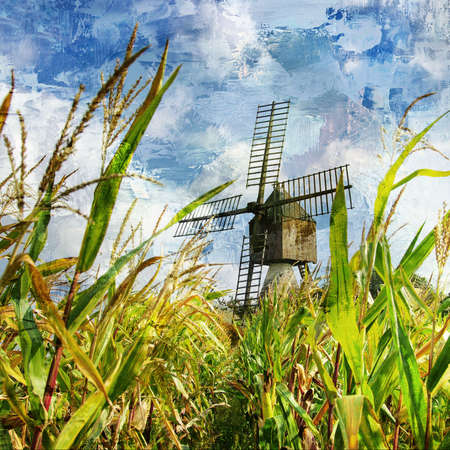 windmill in corn - picture in painting styleの写真素材