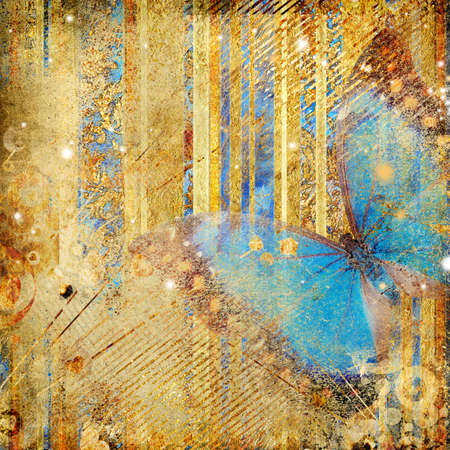 stylish golden background with blue butterfly の写真素材