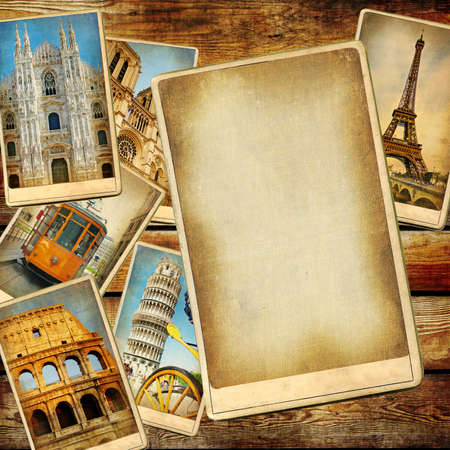 vintage travel background with blank page for text or photoの写真素材