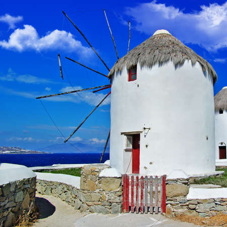 travel in greek island series - Mykonos with famous windmillsの写真素材