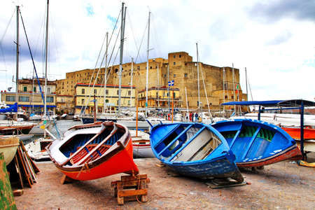Naples. Italy. View with castel dell Ovo and boatsのeditorial素材