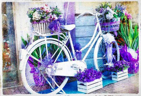 charming street decoration with bike and flowersの写真素材