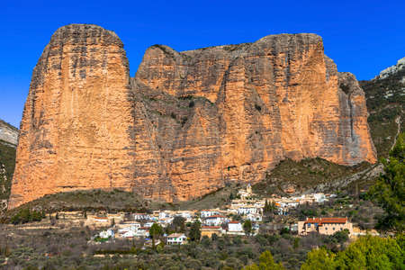 stunning rocks and village in Mallos de Riglos, Aragon, Spainの写真素材