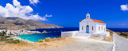 Traditional Greece - panoramic view with small church, Andros islandの写真素材