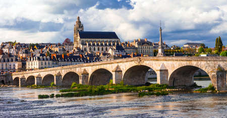 Impressive Blois town, Loire valley, view with old bridge and historic building, France.の写真素材
