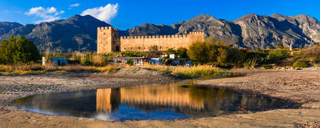 Beautiful Frangocastello, panoramic view with old castle and mountains, Greece.Crete island.の写真素材