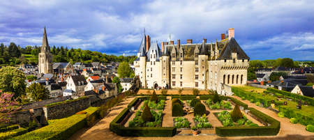 Magnificent Langeais castle, panoramic view with gardens, Loire valley, France.の写真素材