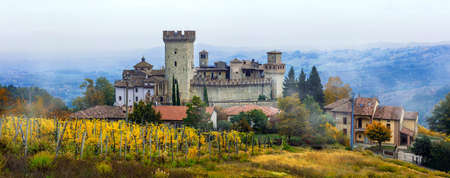 Beautiful Old Vigoleno castle and village, panoramic view, Emilia Romagna, Italy.のeditorial素材