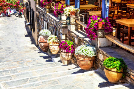 Old streets of Greece, view with floral decorations, Naxos.の写真素材