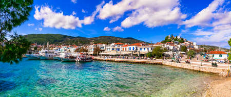 Beautiful Skiathos island, view to the old town and turquoise sea, Sporades, Greeceのeditorial素材