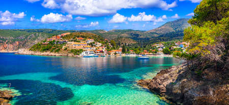 Beautiful Assos village, panoramic view, Kefalonia island, Greeceの写真素材