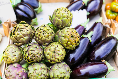 Market still life. fresh veggetables eggplants and artichoke close up. Rome, Italy, campo di Fioriの写真素材
