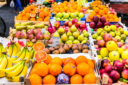 Veggetable and fruit market Campo di Fiori at Rome. Fresh fruits variety - apples, pears, bananas, oranges. Rome, Italy feb.2017のeditorial素材
