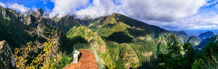 Breathtaking nature scenery of Madeira island, hiking in mountains. Popular tourist walk Vereda dos...