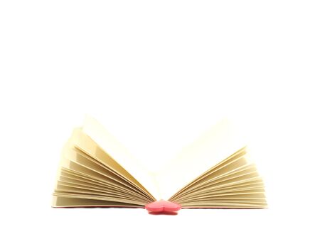 Pink heart on the open book isolated on white background, select focus.
