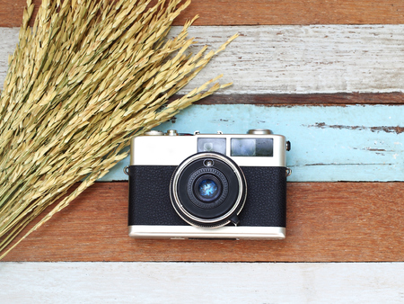 Vintage old camera with rice plant on the woodenの写真素材