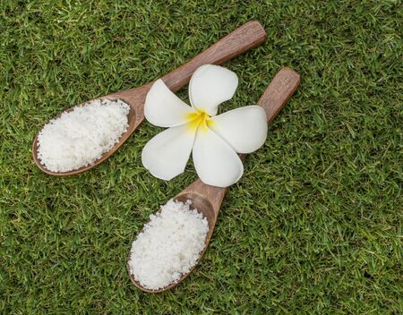 Spa massage salt spa on the spool wooden with flower, Thailandの写真素材