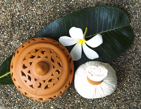 Spa massage compress balls, herbal ball with flower, Thailandの写真素材