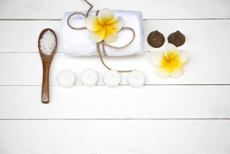 Spa Treatments  and massage on wooden whiteの写真素材