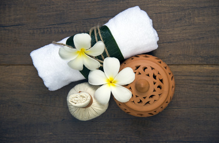 Spa massage compress balls, herbal ball on the wooden with treaments spa , Thailand, select focusの写真素材