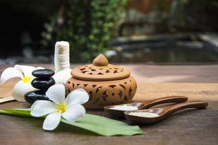 Spa massage compress balls, herbal ball with salt, turmeric and aroma, Thailand, select focusの写真素材