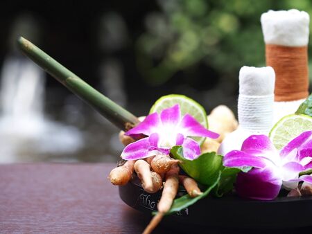 Natural Spa Ingredients herbal compress ball and herbal Ingredients for alternative medicine and relaxation Thai Spa theme with silk fabric , soft and select focusの写真素材