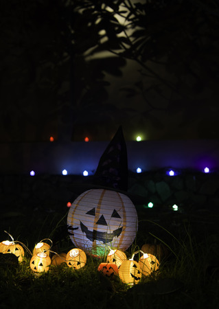 Halloween pumpkin head jack lantern in the garden, select focusの写真素材