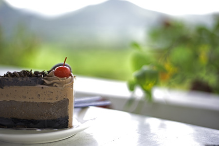 Delicious chocolate cake on plate on table,soft and select focusの写真素材