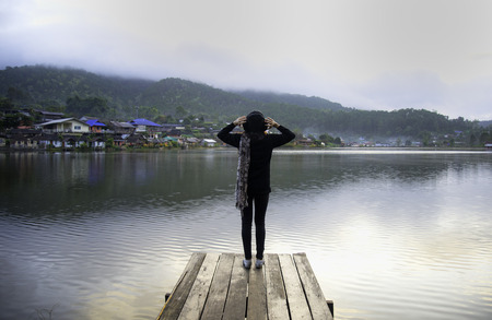 Woman relaxing in summer sunchine sky outdoor. People freedom styleの写真素材