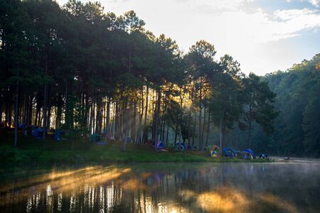Morning in Pang Ung Lake,North of Thailand, is a tourist place where people come to vacation in the winterの写真素材