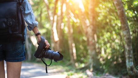 Travele woman hand holding cameraの写真素材