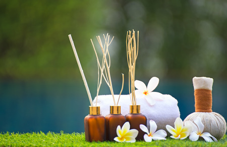 Spa treatment and product for hand and foot spa with flowers and water, white frangipani flowers, Thailand. Greenery tone 2017の写真素材