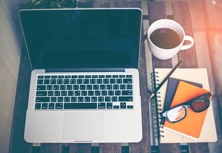 Workspace relaxing chill out work for office and design laptop smartphone with morning coffee,...